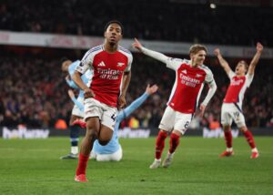 Premier League - Arsenal v Manchester City - Emirates Stadium, London, Britain - February 2, 2025 Arsenal's Myles Lewis-Skelly celebrates scoring their third goal REUTERS/David Klein